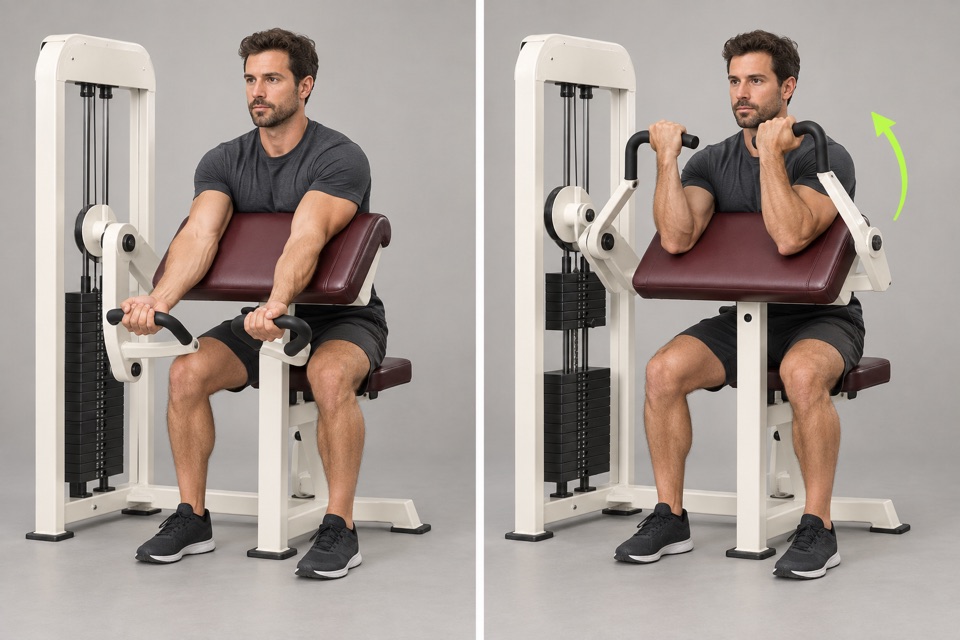 Biceps Curl start position on the left and finish position on the right