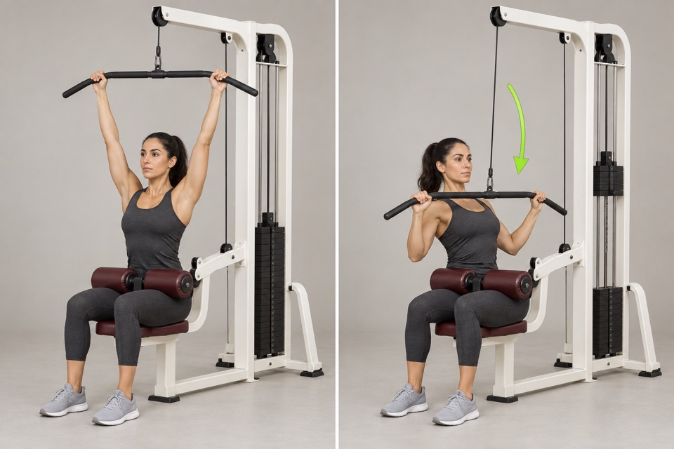Lat Pulldown start position on the left and finish position on the right
