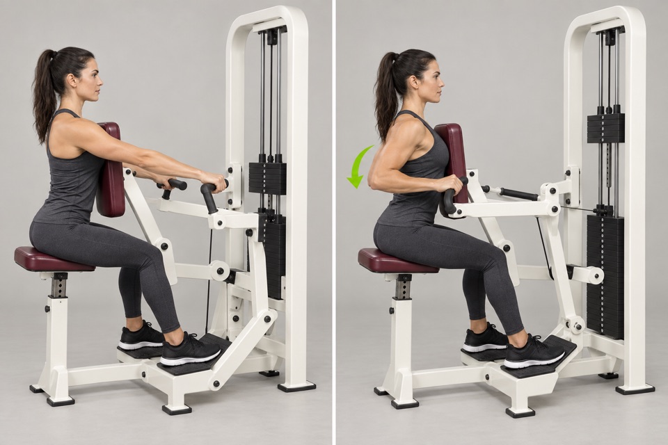 Seated Row start position on the left and finish position on the right